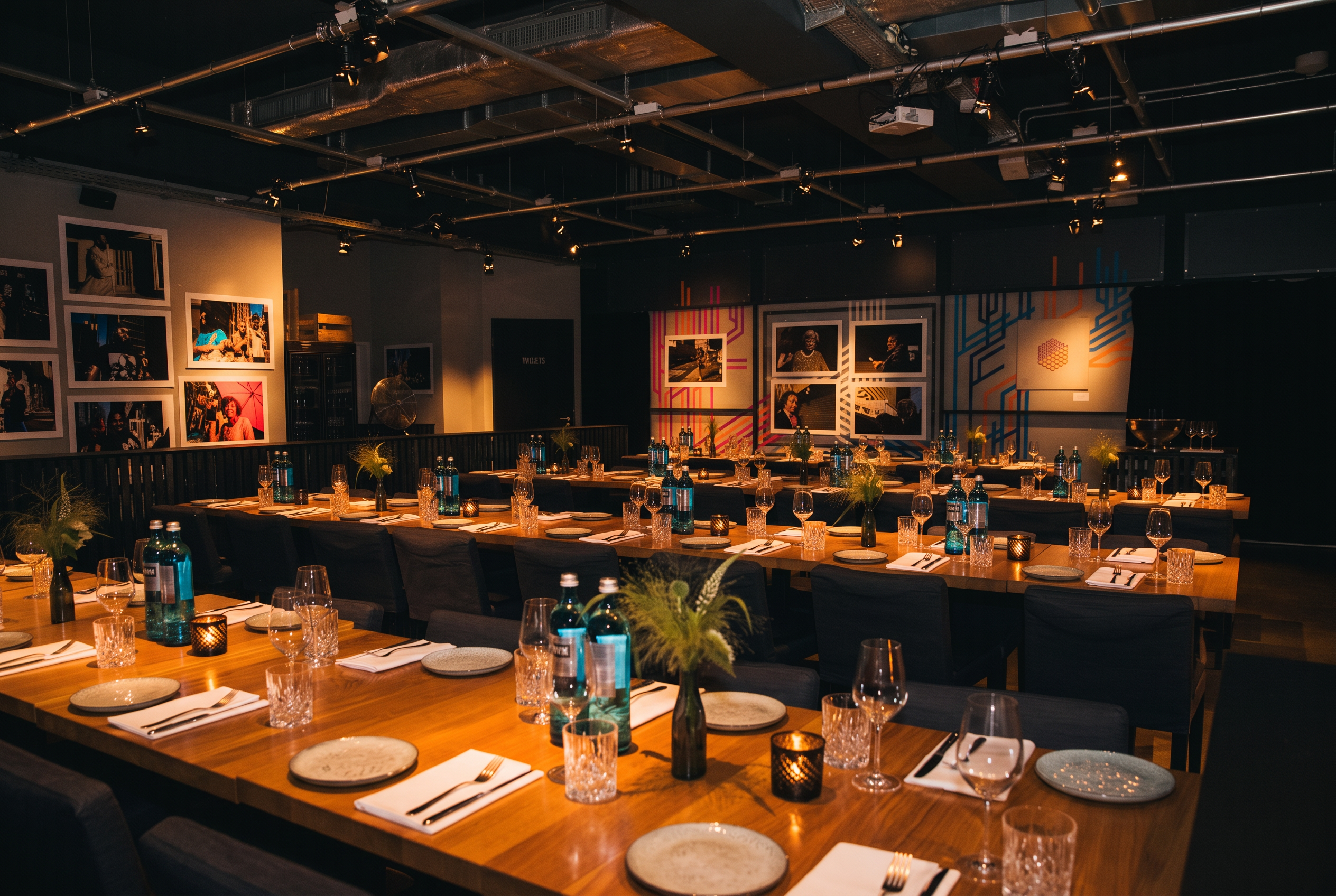 The room held privately at dusk. Candlelight down one long table.