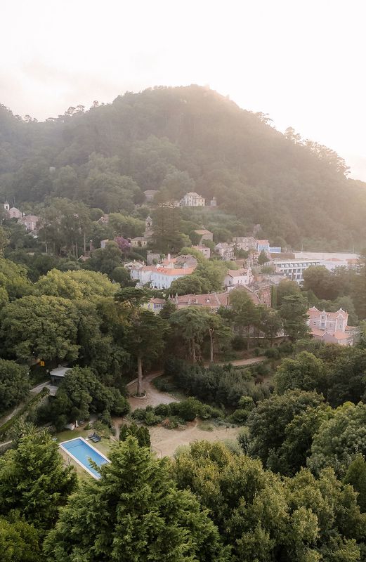 A sunlit hillside estate in Portugal, terracotta rooftops and a pool nestled into lush green forest