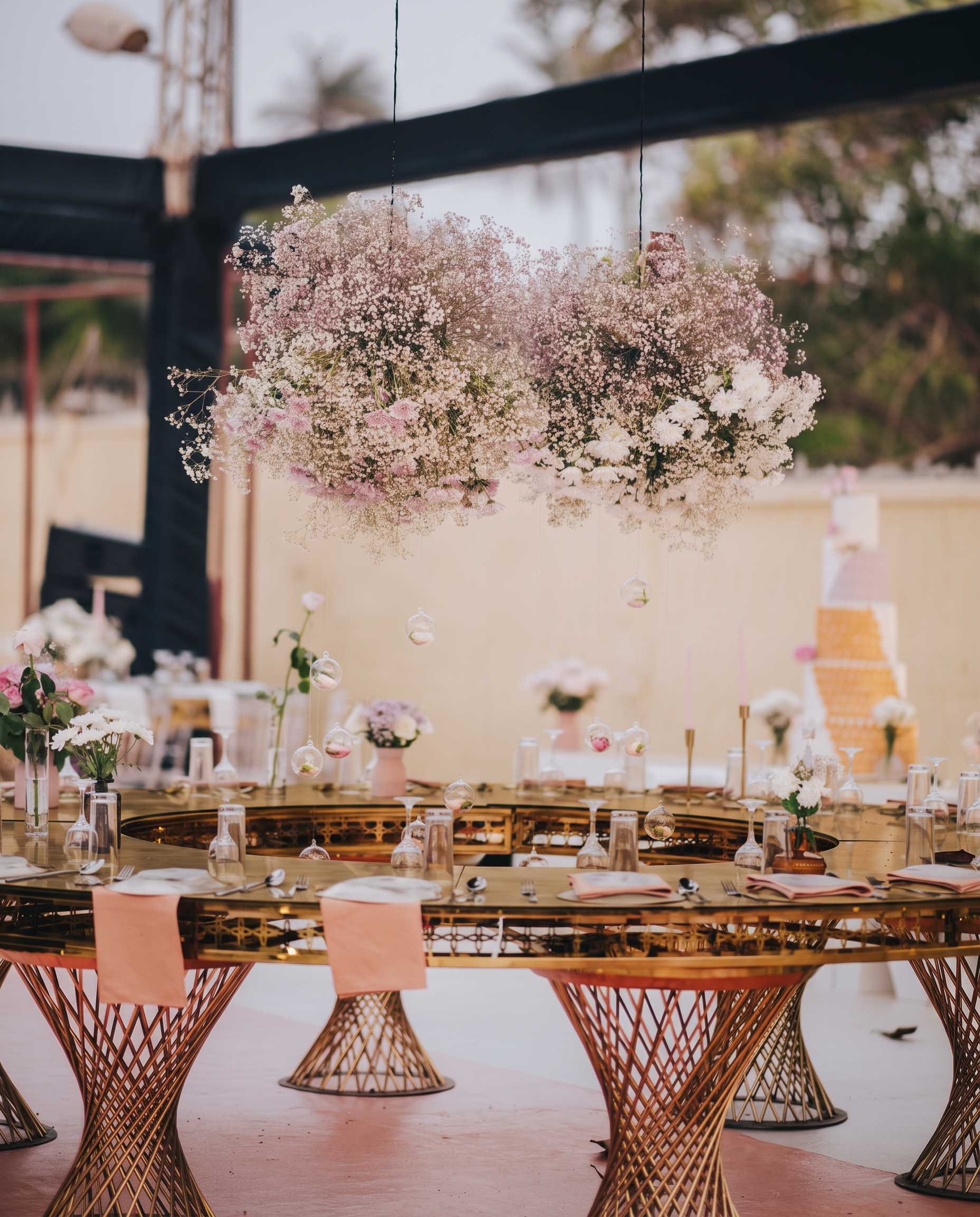 Suspended floral installation above a gilded celebration table in Sierra Leone