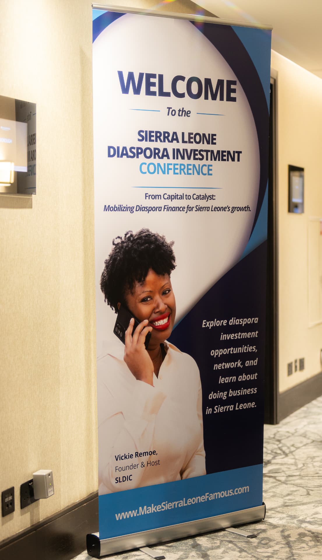 The welcome banner for the Sierra Leone Diaspora Investment Conference in the arrival corridor