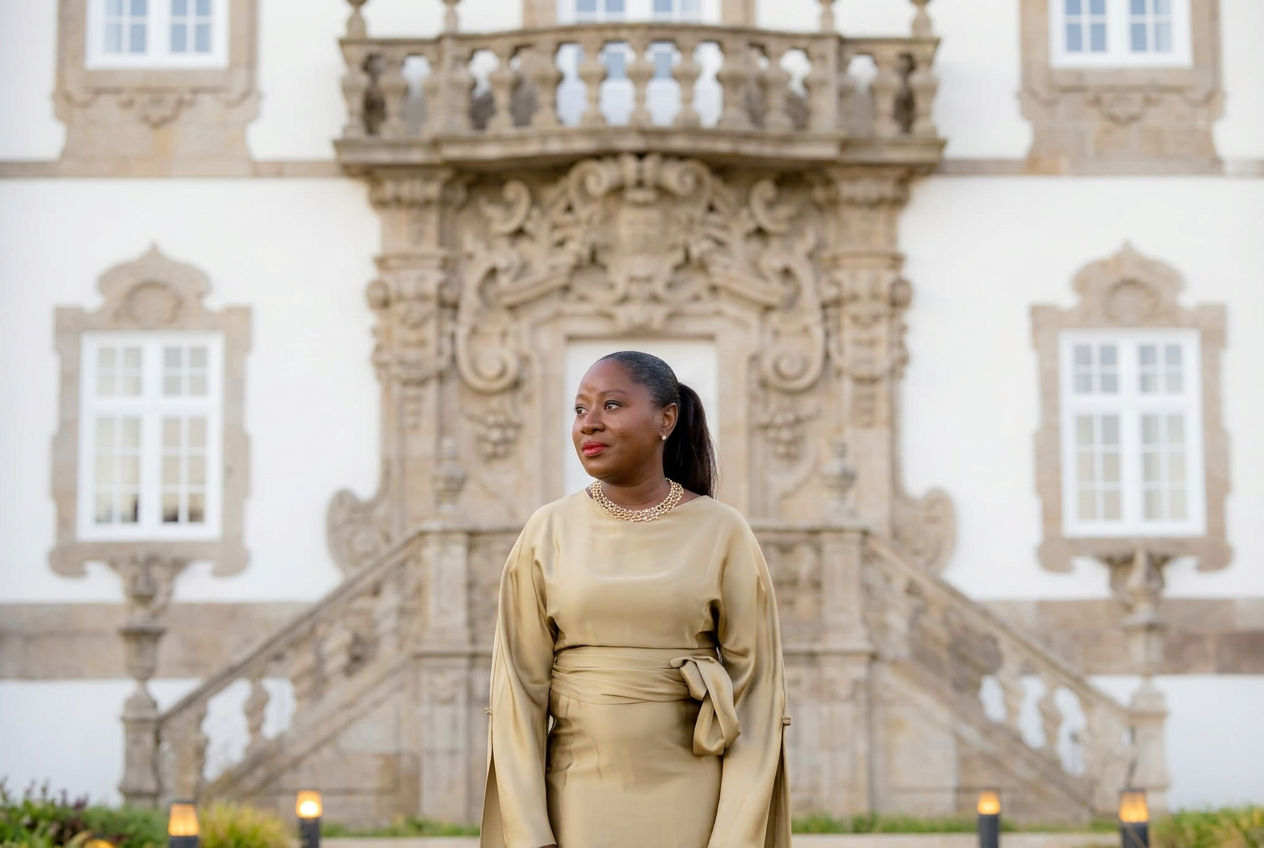 Rugie Wurie, founder of MWP, in a champagne silk dress and gold collar necklace before a Portuguese palace facade