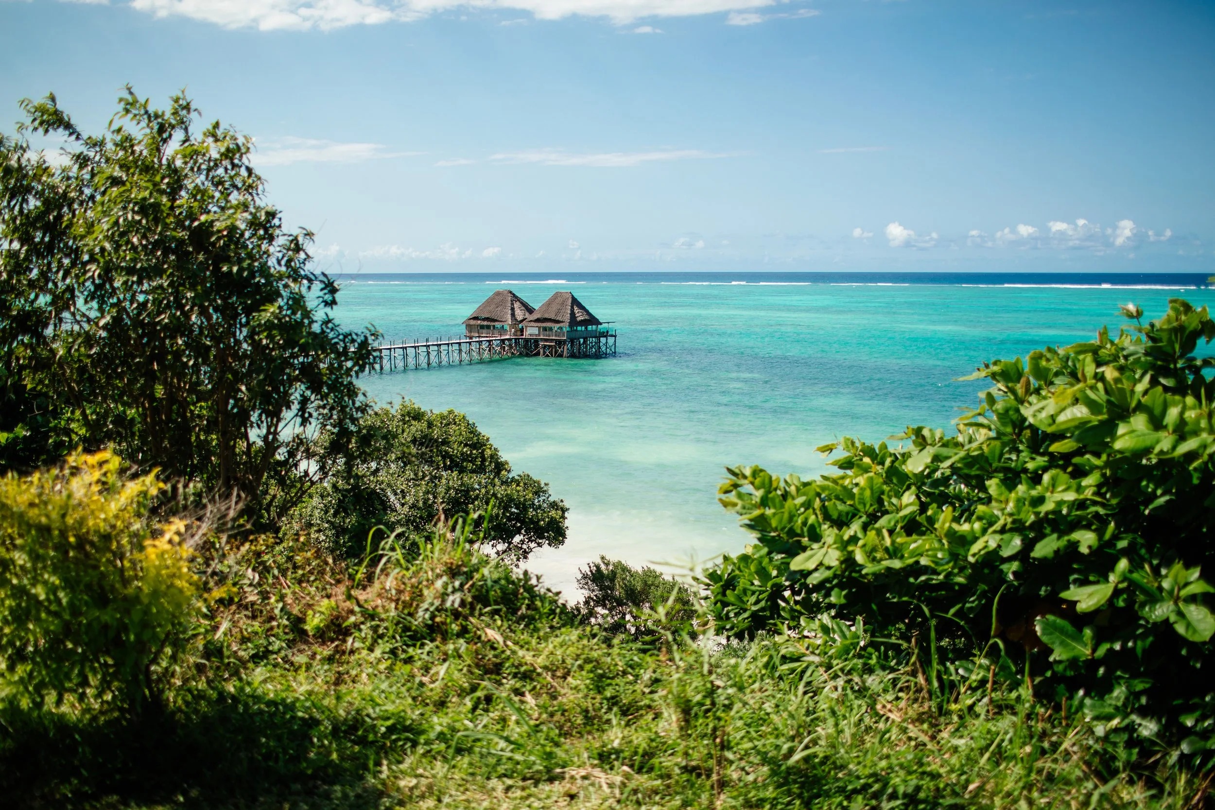 Turquoise water and an over-water pavilion on the Zanzibar coast